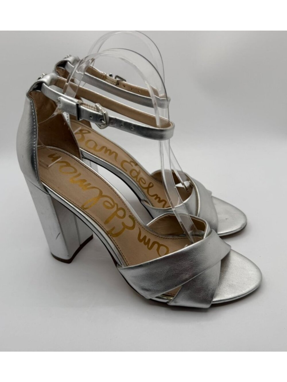 Sam Edelman Yancy Ankle Strap Sandals Women Size 8.5M Silver Block Heel Shoes